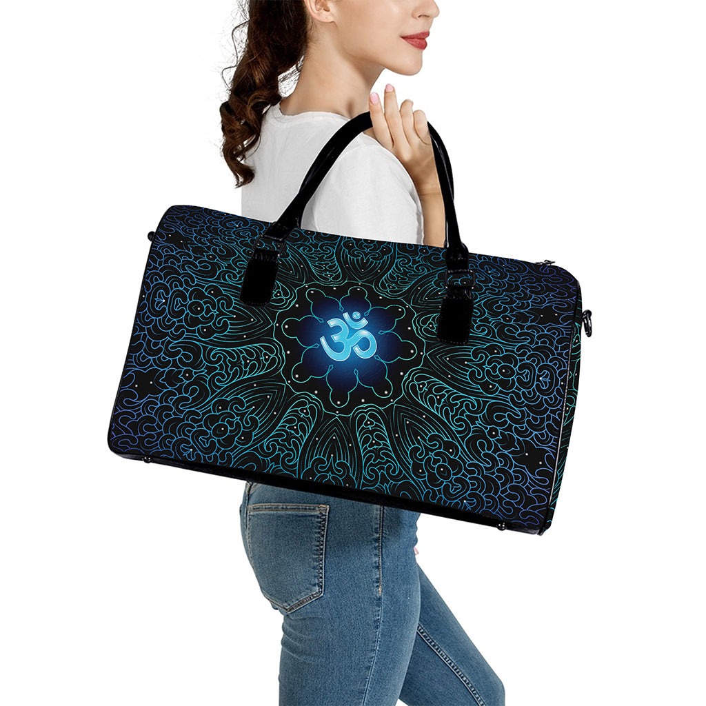 Blue Om Mandala Print Leather Duffle Bag