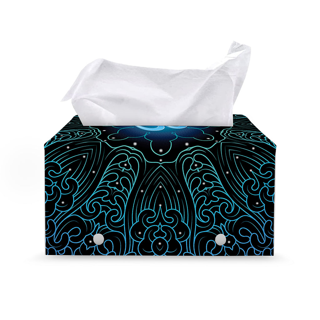 Blue Om Mandala Print Leather Tissue Box Cover