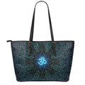 Blue Om Mandala Print Leather Tote Bag With Zipper
