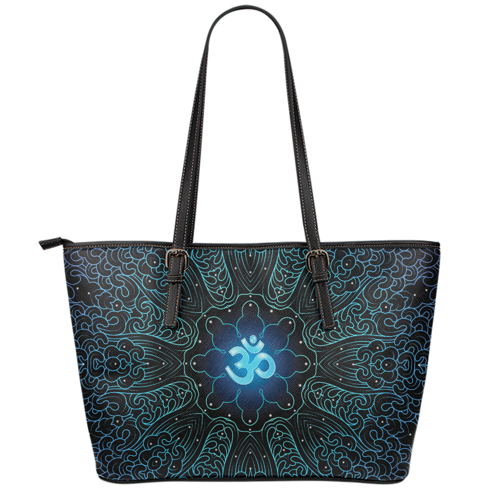 Blue Om Mandala Print Leather Tote Bag