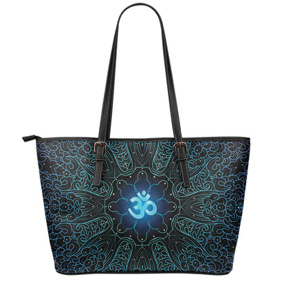 Blue Om Mandala Print Leather Tote Bag
