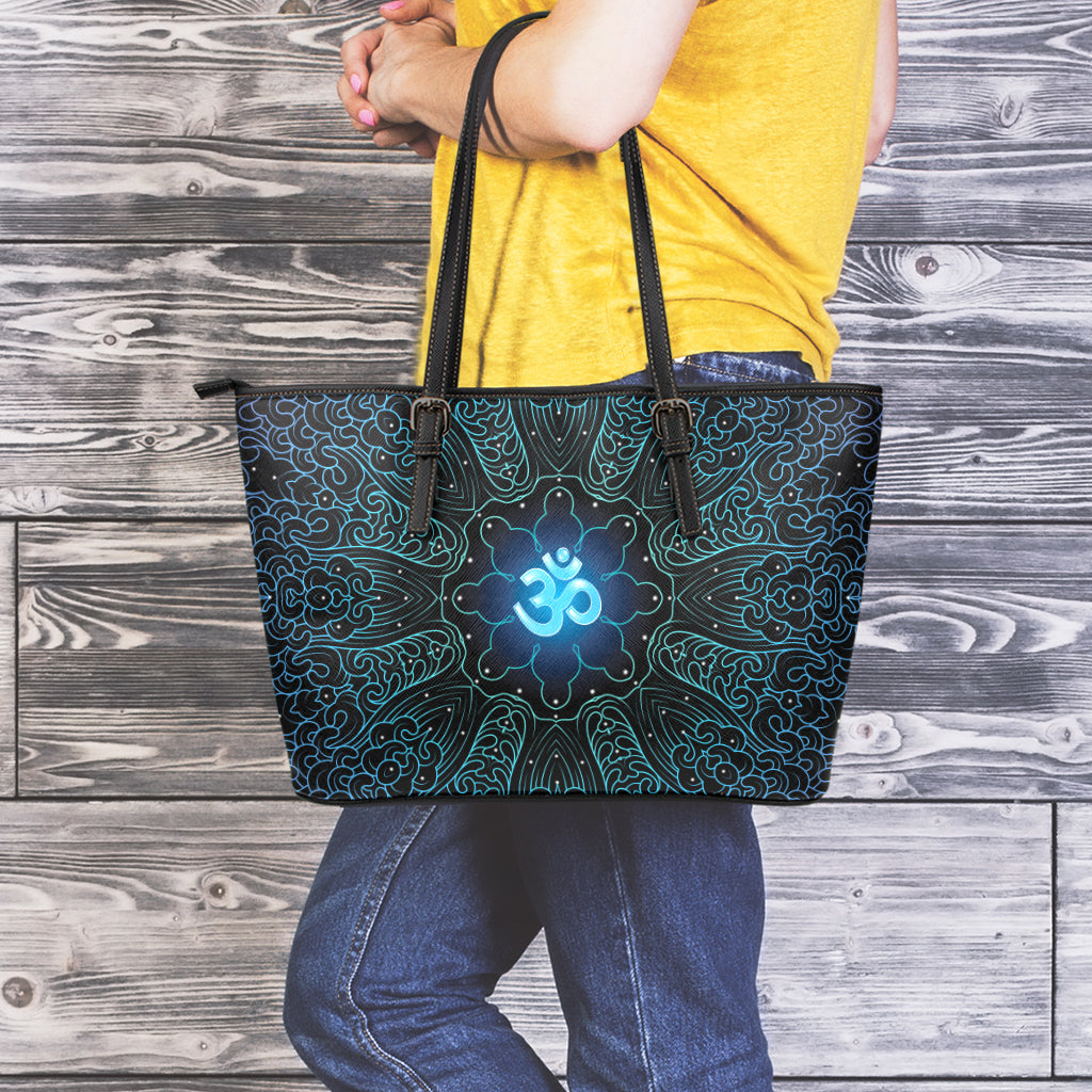 Blue Om Mandala Print Leather Tote Bag
