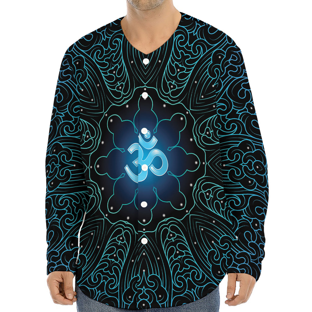 Blue Om Mandala Print Long Sleeve Baseball Jersey