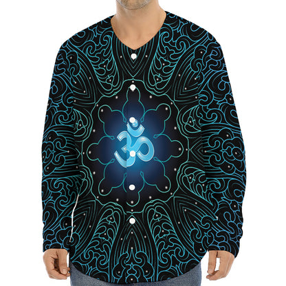 Blue Om Mandala Print Long Sleeve Baseball Jersey