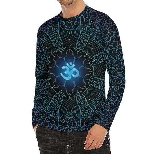 Blue Om Mandala Print Men's Long Sleeve Rash Guard