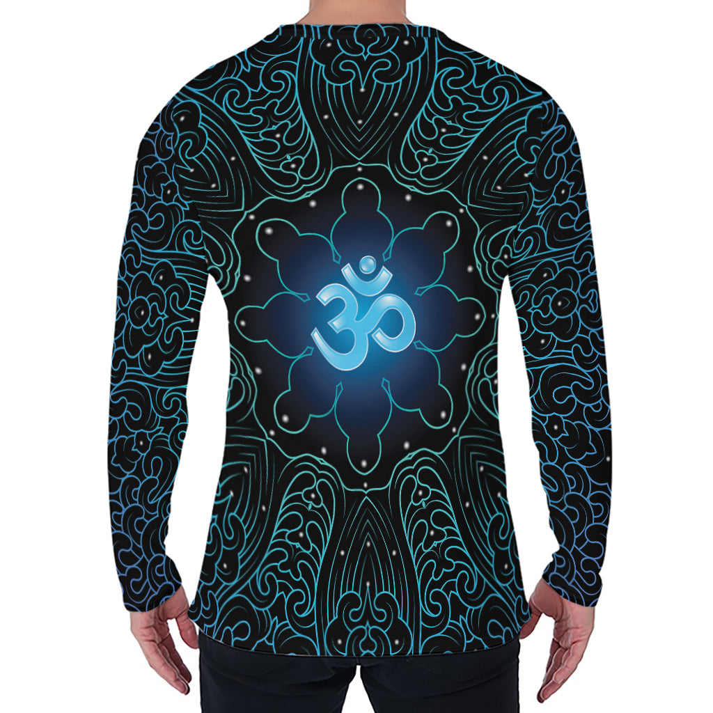 Blue Om Mandala Print Men's Long Sleeve T-Shirt