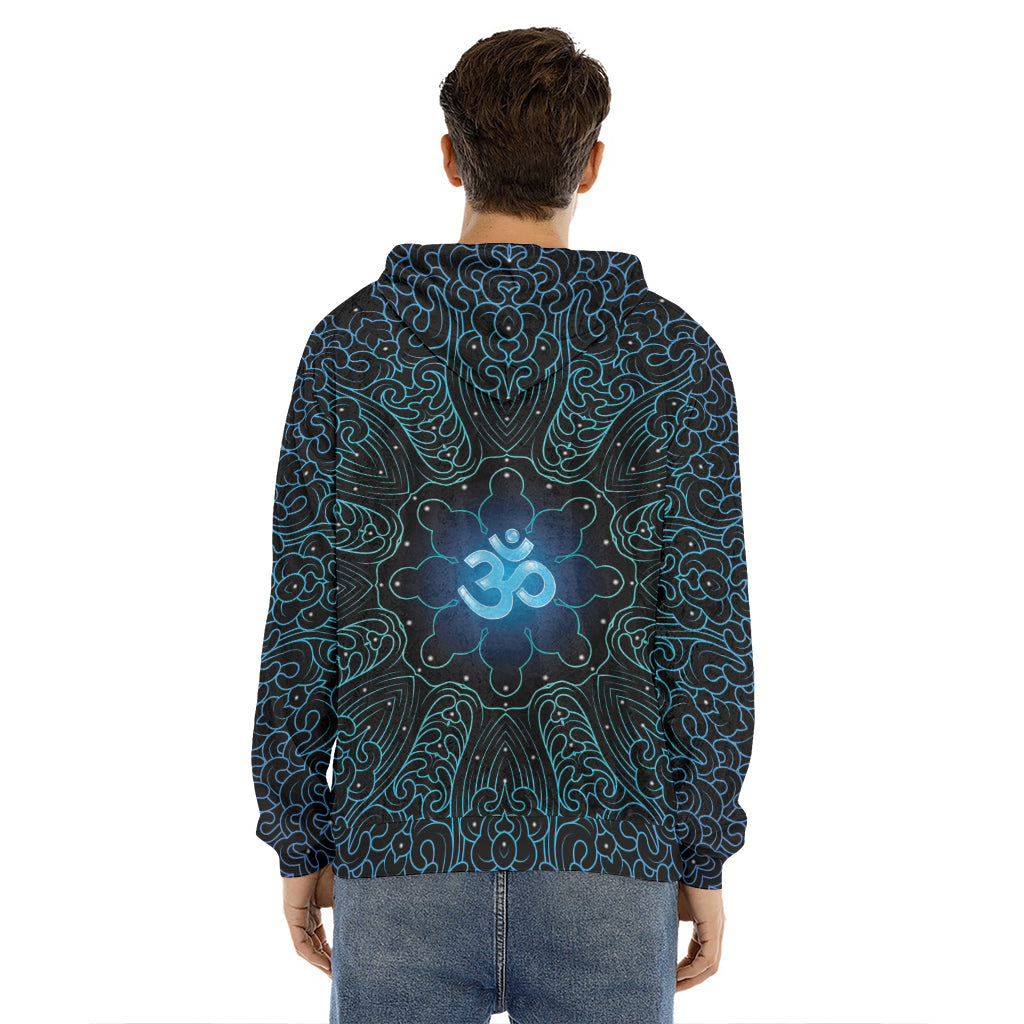 Blue Om Mandala Print Men's Velvet Pullover Hoodie