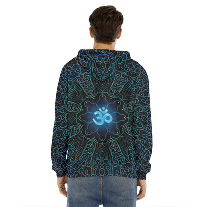 Blue Om Mandala Print Men's Velvet Pullover Hoodie