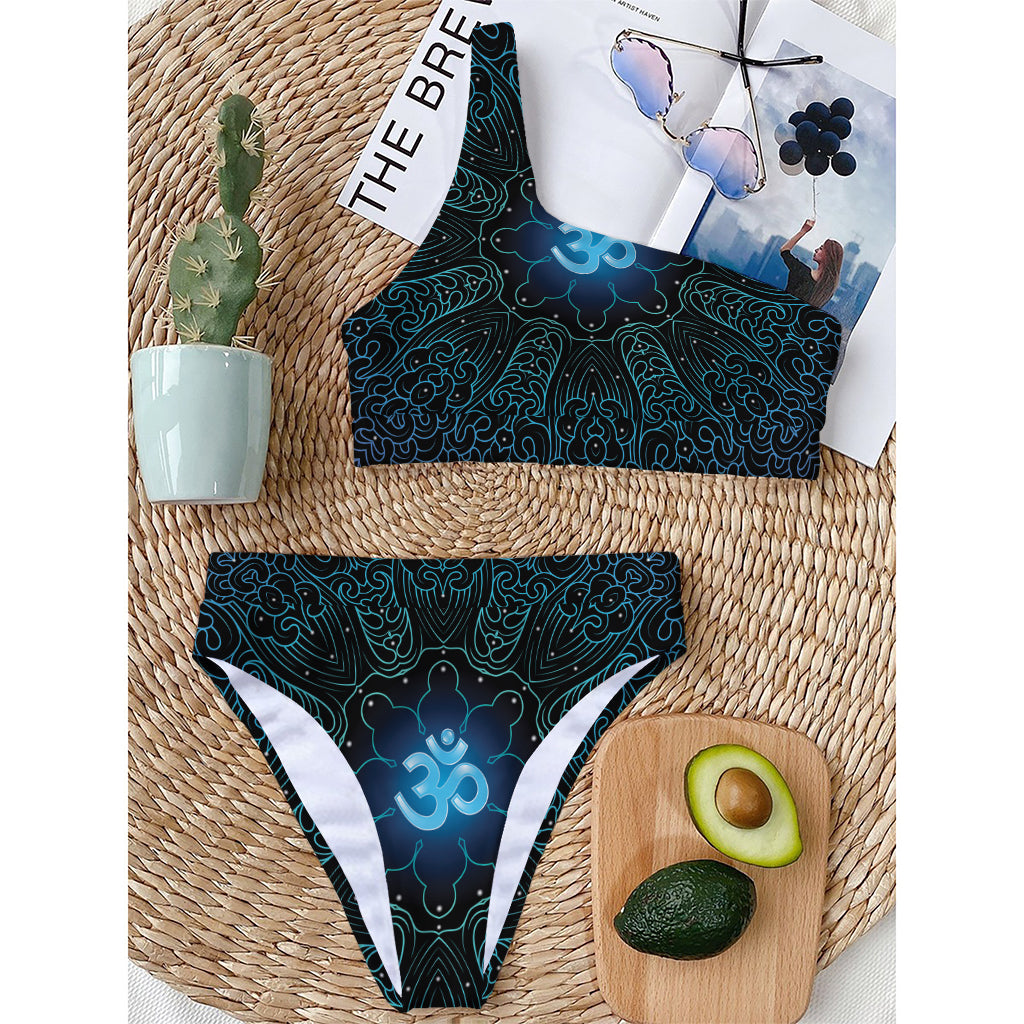 Blue Om Mandala Print One Shoulder Bikini Top