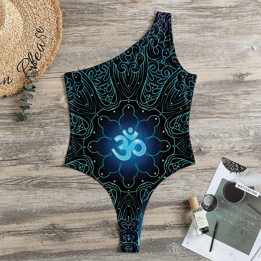 Blue Om Mandala Print One Shoulder Bodysuit