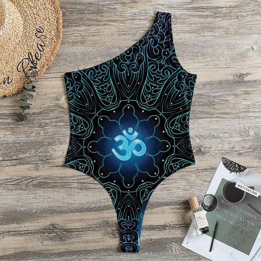 Blue Om Mandala Print One Shoulder Bodysuit
