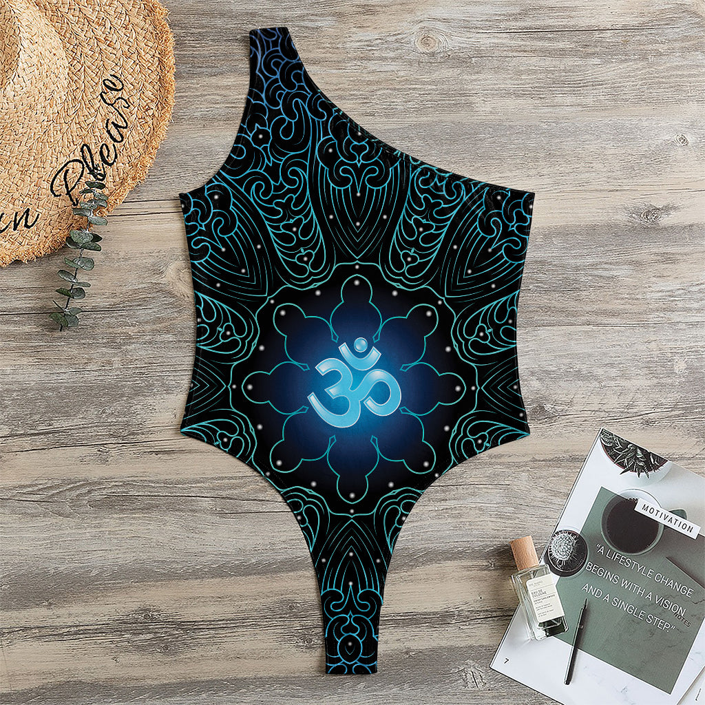 Blue Om Mandala Print One Shoulder Bodysuit