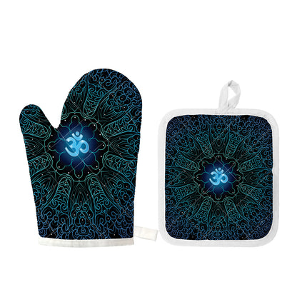Blue Om Mandala Print Oven Mitt And Pot Holder Set