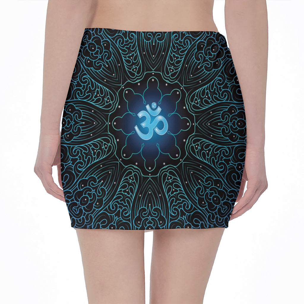 Blue Om Mandala Print Pencil Mini Skirt