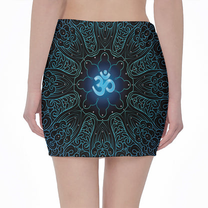 Blue Om Mandala Print Pencil Mini Skirt