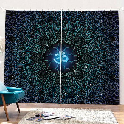 Blue Om Mandala Print Pencil Pleat Curtains