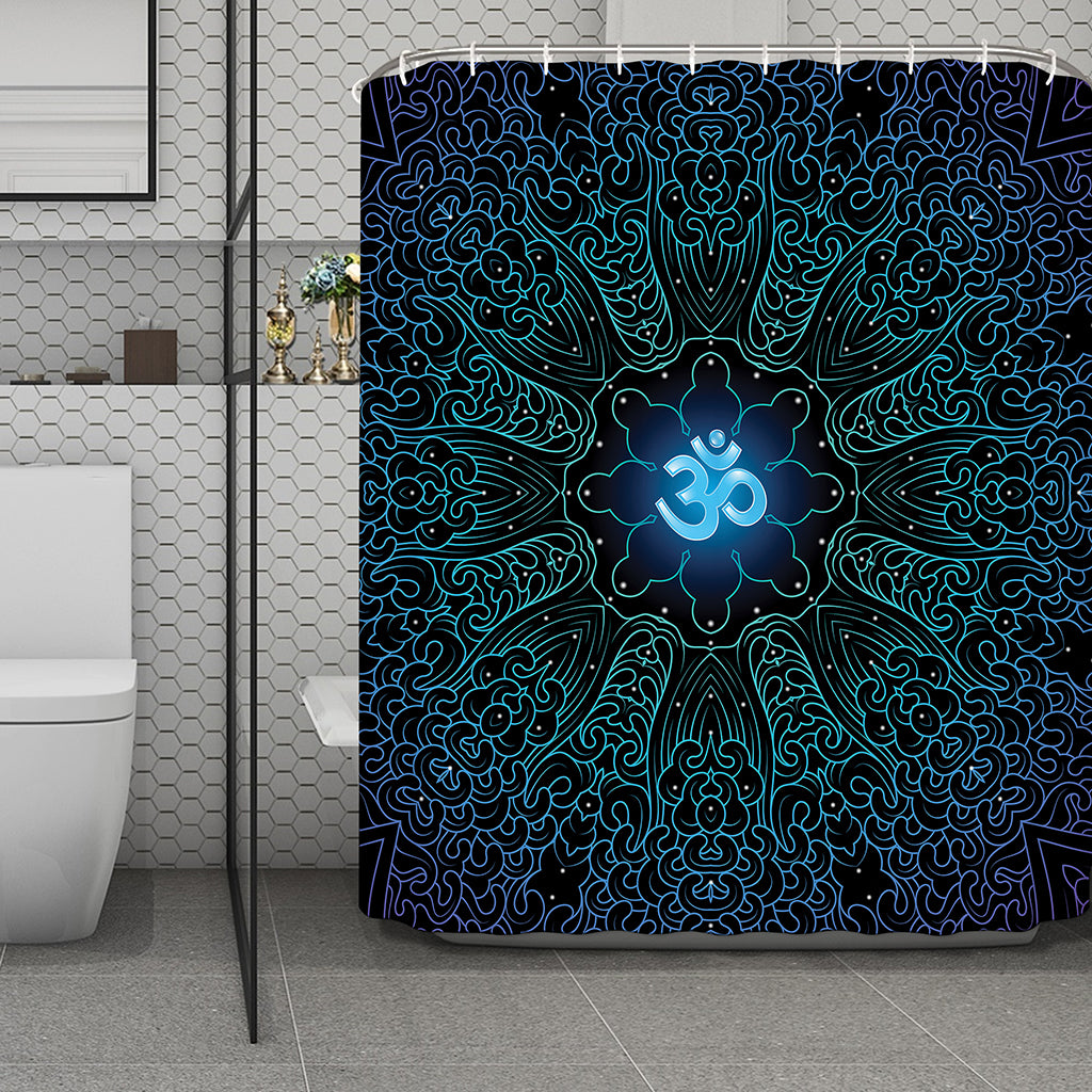 Blue Om Mandala Print Polyester Shower Curtain
