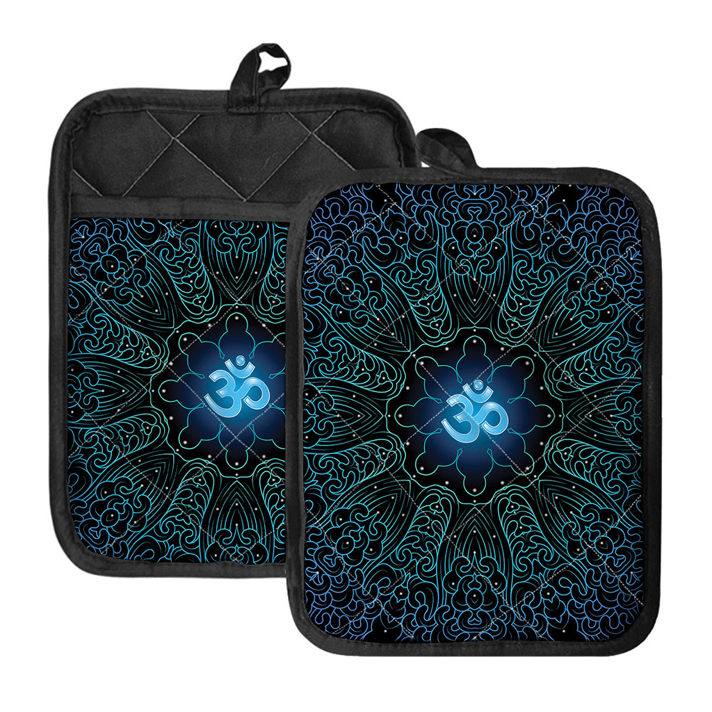 Blue Om Mandala Print Pot Holders With Pocket