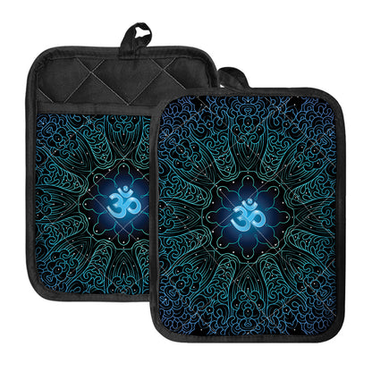 Blue Om Mandala Print Pot Holders With Pocket