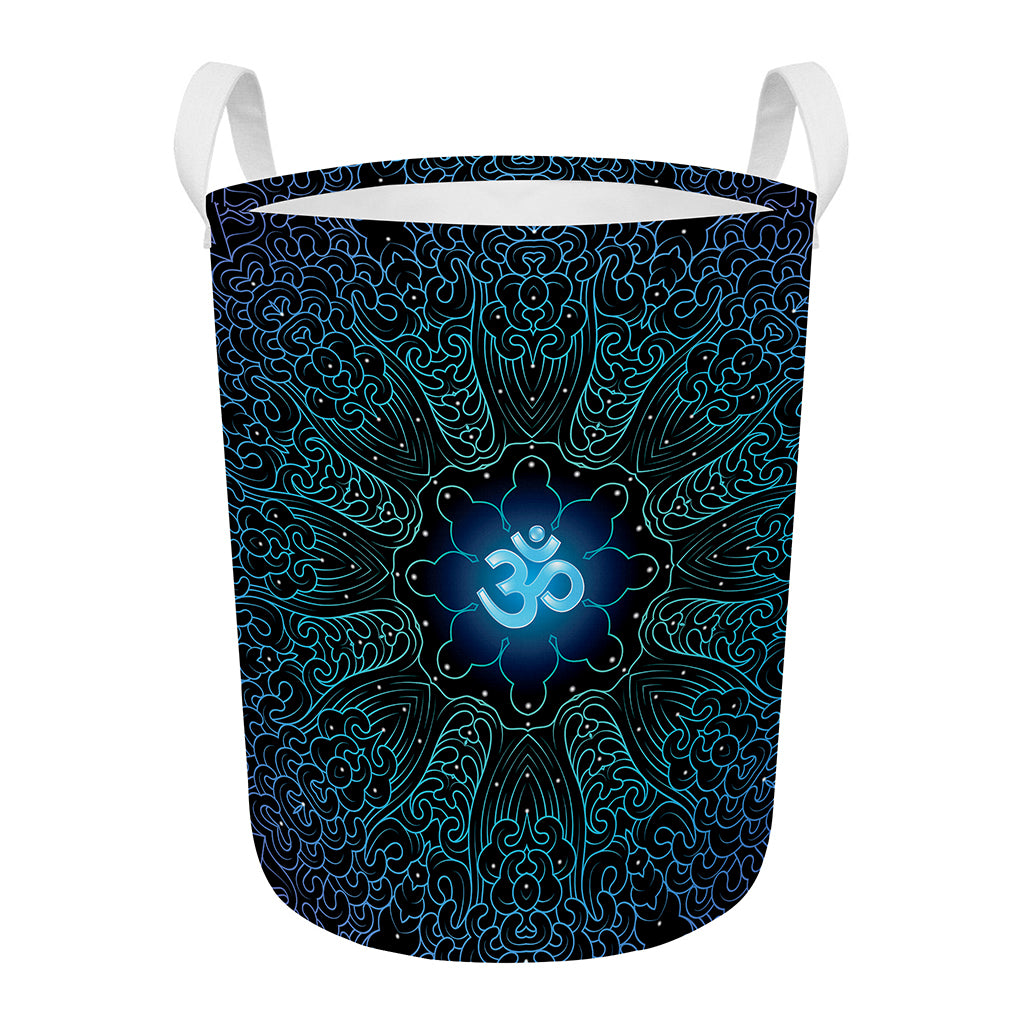 Blue Om Mandala Print Round Laundry Basket