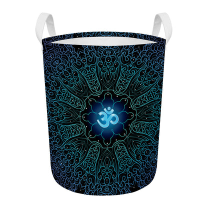 Blue Om Mandala Print Round Laundry Basket