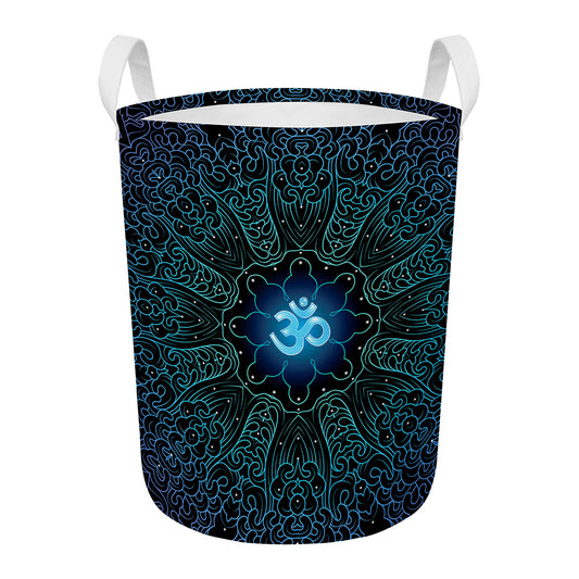 Blue Om Mandala Print Round Laundry Basket