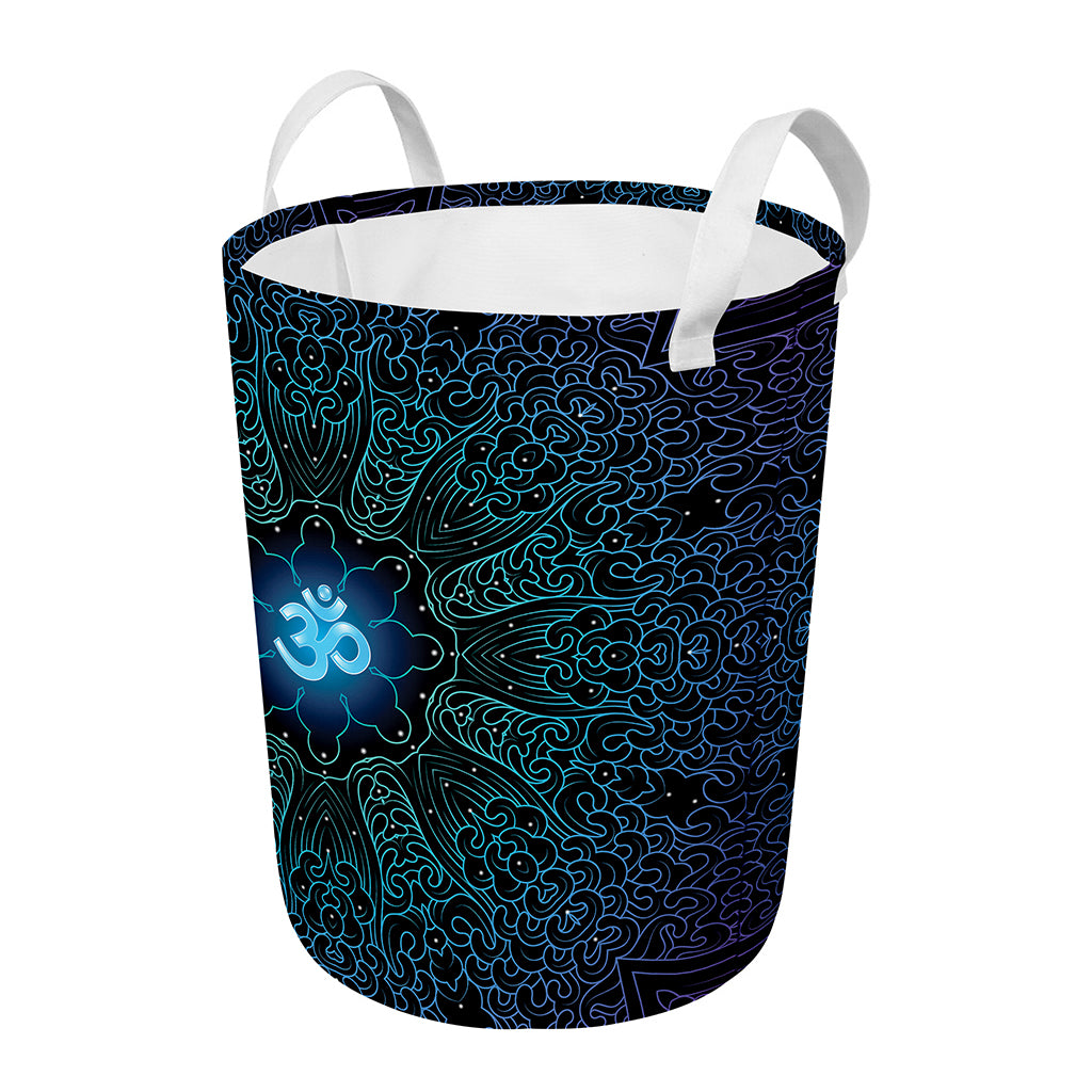 Blue Om Mandala Print Round Laundry Basket