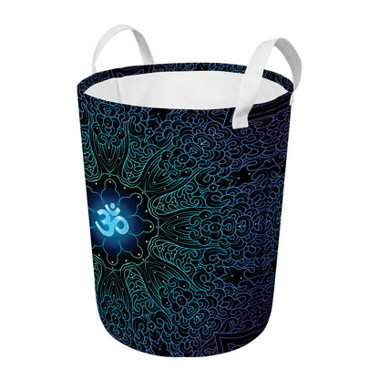 Blue Om Mandala Print Round Laundry Basket