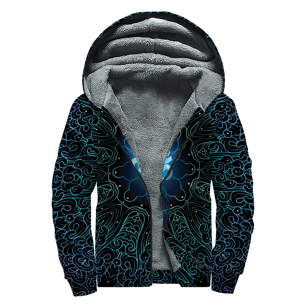 Blue Om Mandala Print Sherpa Lined Zip Up Hoodie