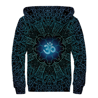 Blue Om Mandala Print Sherpa Lined Zip Up Hoodie