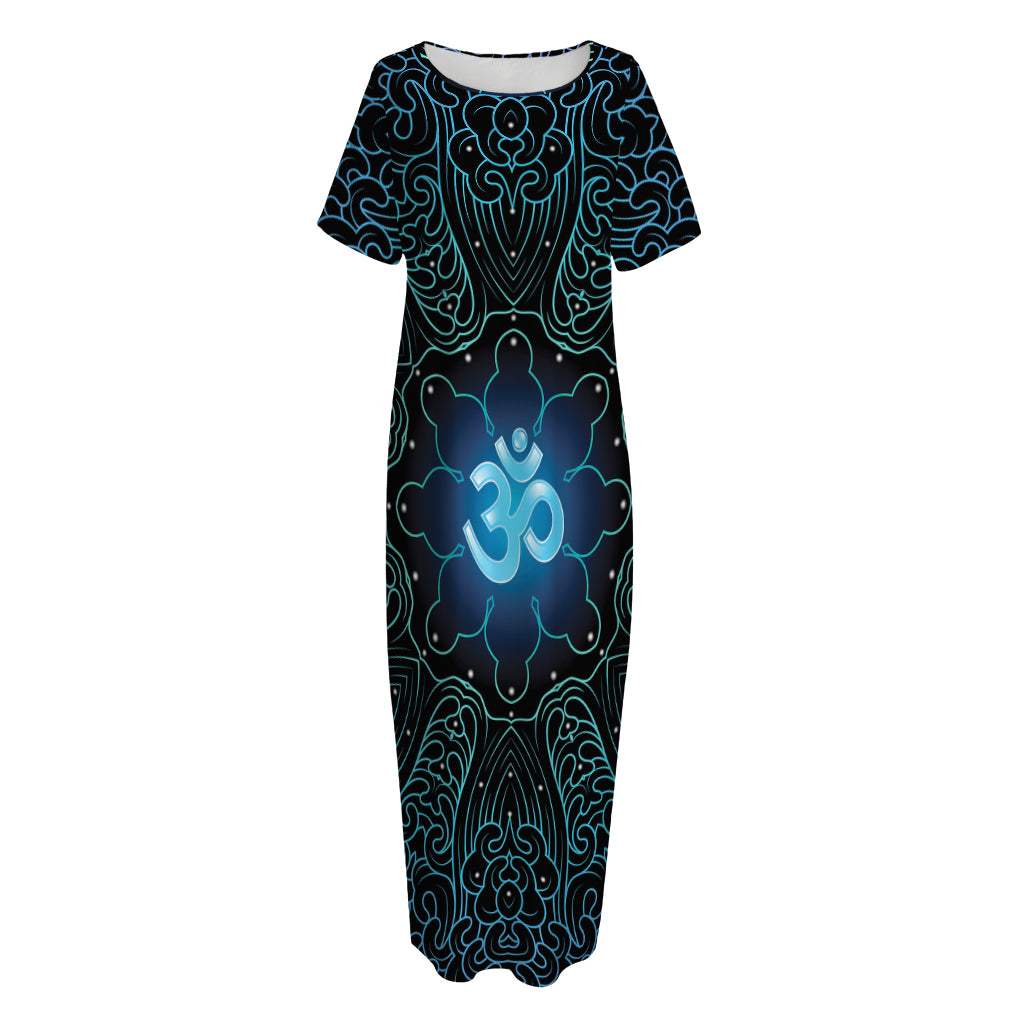 Blue Om Mandala Print Short Sleeve Long Nightdress