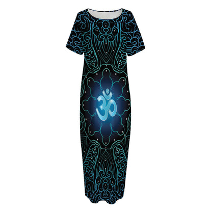 Blue Om Mandala Print Short Sleeve Long Nightdress