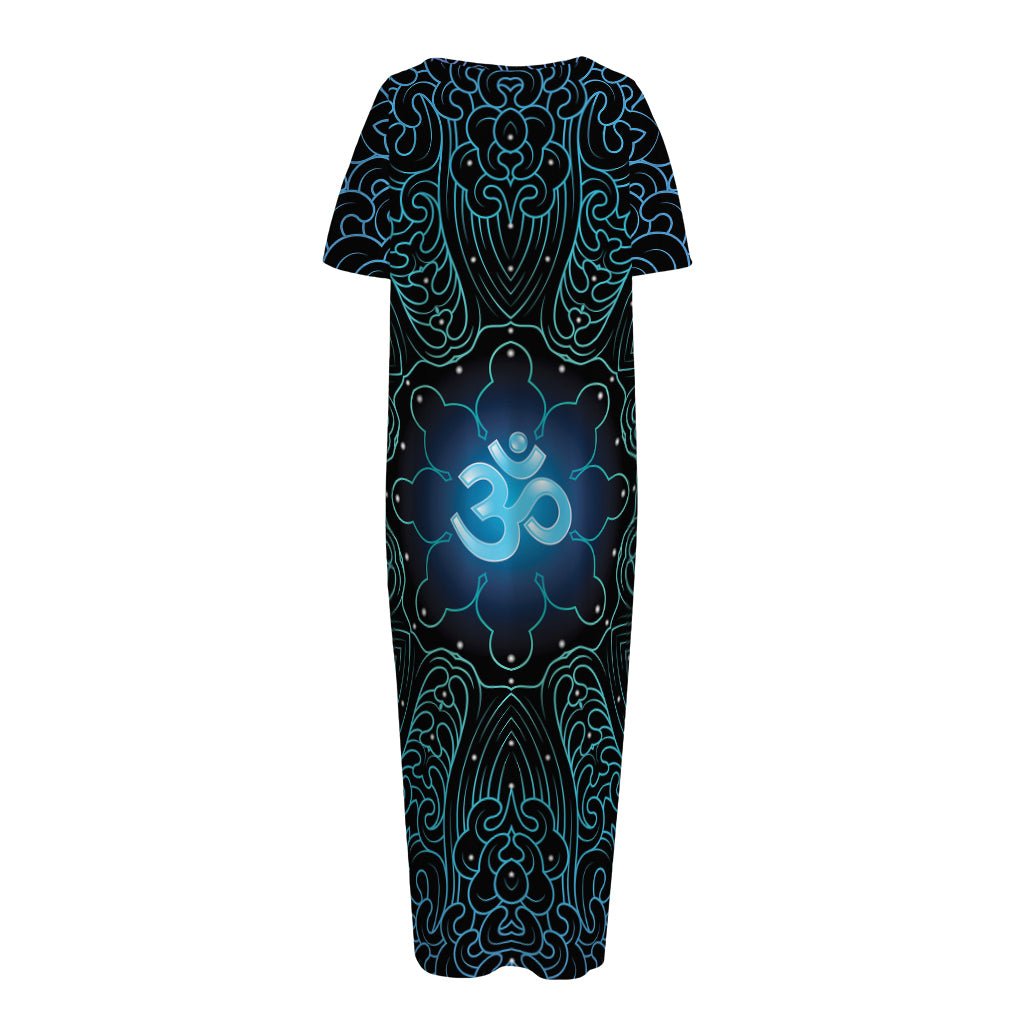 Blue Om Mandala Print Short Sleeve Long Nightdress