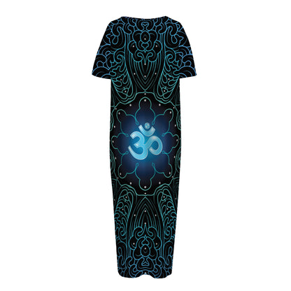 Blue Om Mandala Print Short Sleeve Long Nightdress