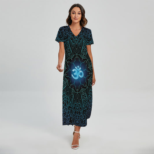 Blue Om Mandala Print Short Sleeve Maxi Dress