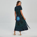 Blue Om Mandala Print Short Sleeve Maxi Dress