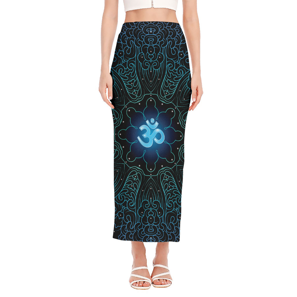 Blue Om Mandala Print Side Slit Maxi Skirt