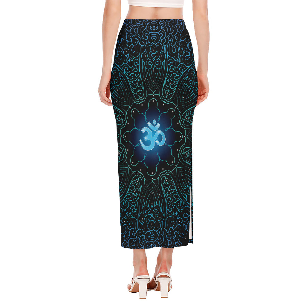 Blue Om Mandala Print Side Slit Maxi Skirt