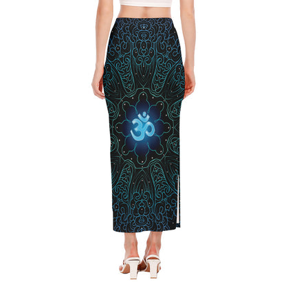 Blue Om Mandala Print Side Slit Maxi Skirt