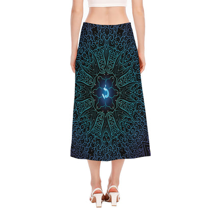Blue Om Mandala Print Side Slit Midi Skirt