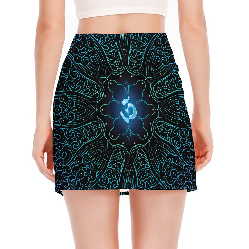 Blue Om Mandala Print Side Slit Mini Skirt