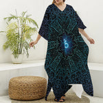 Blue Om Mandala Print Silk V-Neck Kaftan Dress