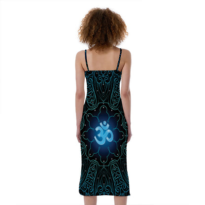 Blue Om Mandala Print Slim Fit Midi Cami Dress