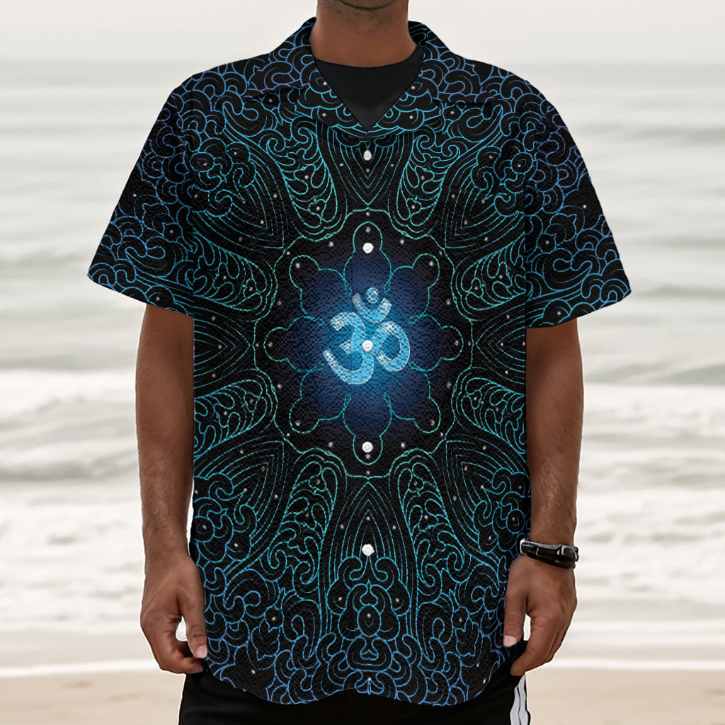 Blue Om Mandala Print Textured Short Sleeve Shirt