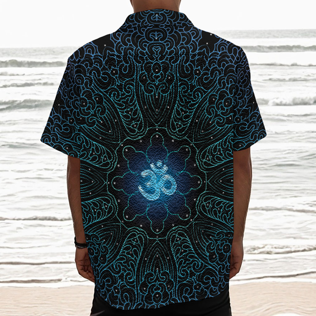 Blue Om Mandala Print Textured Short Sleeve Shirt