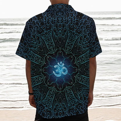 Blue Om Mandala Print Textured Short Sleeve Shirt