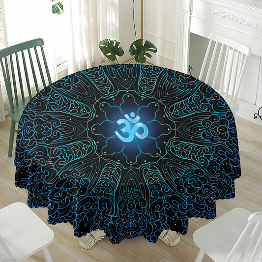 Blue Om Mandala Print Waterproof Round Tablecloth