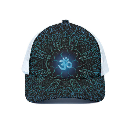 Blue Om Mandala Print White Mesh Trucker Cap