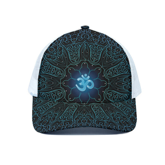 Blue Om Mandala Print White Mesh Trucker Cap