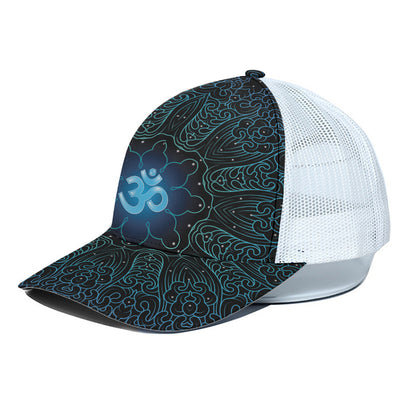 Blue Om Mandala Print White Mesh Trucker Cap